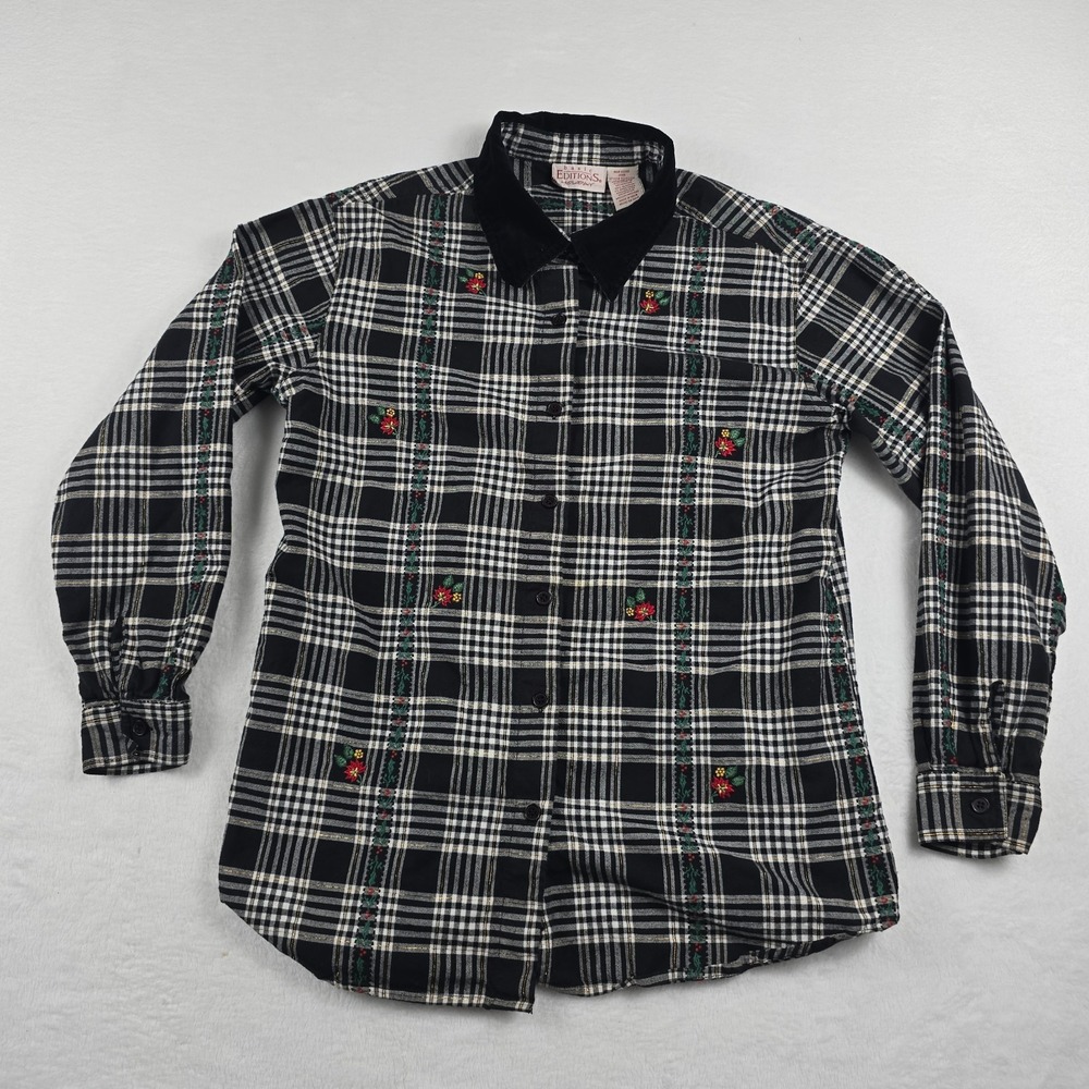 Basic Editions Holiday Button Up Plaid Shirt Women's Medium Velour Collar Winter